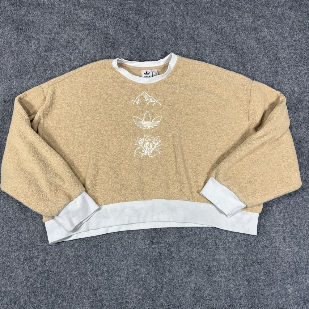 🏔️ Adidas Originals Trefoil Sherpa Fleece Crop Sweatshirt Womens XL Tan Floral